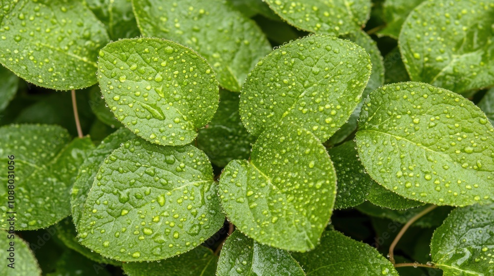 Wall mural Glistening water droplets cling to vibrant green leaves, showcasing nature's beauty after a refreshing rain shower in a serene garden