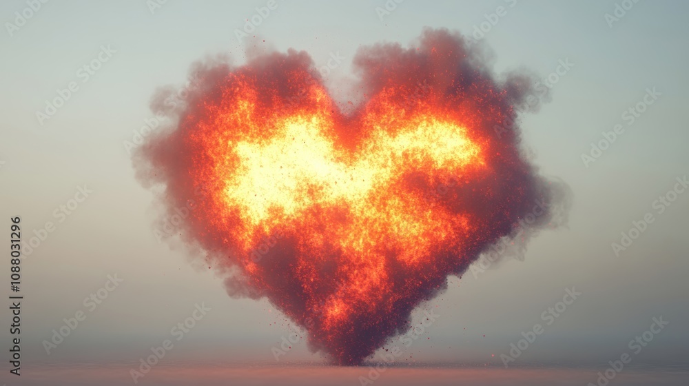 Poster a striking heart-shaped explosion radiates fire and smoke against a dusky sky, creating a captivatin