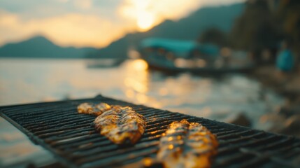Fish fillets grilling over an open flame by the serene lakeside at sunset, creating a vibrant culinary experience