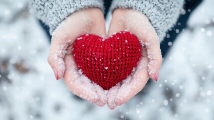 A pair of hands cradles a vibrant knitted heart, surrounded by soft falling snow in a wintery landscape