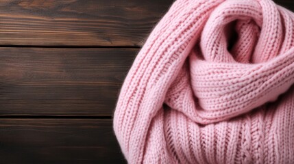 A soft pink knitwear piece is elegantly draped on a rich dark wooden surface, inviting warmth and comfort for chilly days