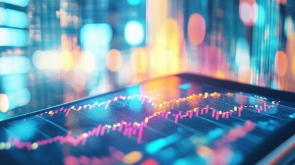 A person is actively trading stocks on a smartphone, viewing vibrant digital charts and data in a modern urban environment