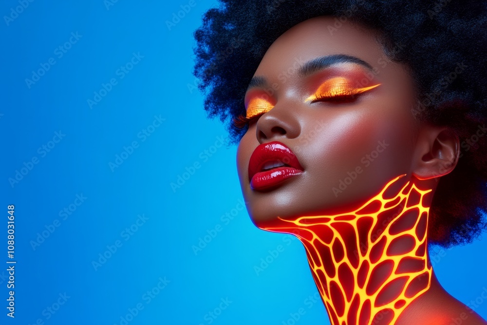 Poster A 3D-rendered afro hairstyle with intricate patterns carved into the curls, glowing under soft ambient light