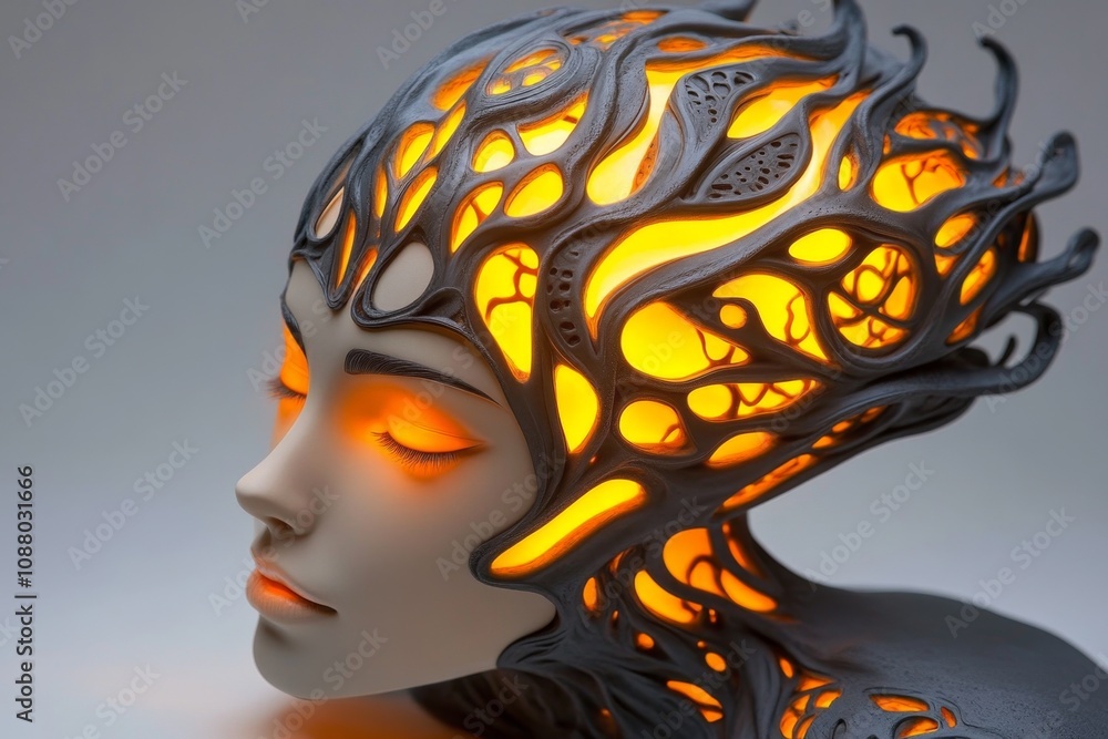 Poster A 3D-rendered afro hairstyle with intricate patterns carved into the curls, glowing under soft ambient light