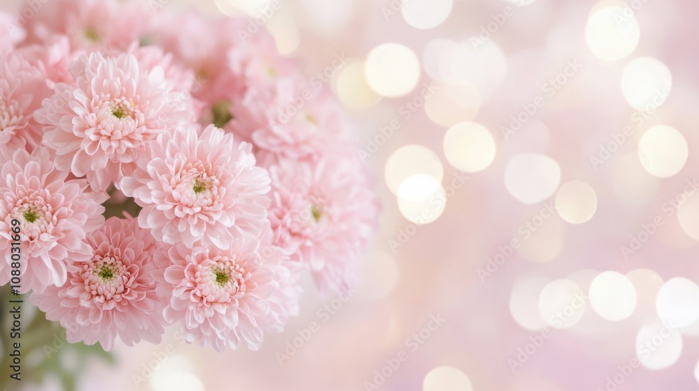 Poster a cluster of soft pink chrysanthemums stands out with gentle bokeh lighting, creating a peaceful and