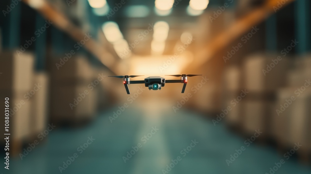 Poster a drone is actively flying between rows of boxes inside a warehouse, assisting in inventory tasks an