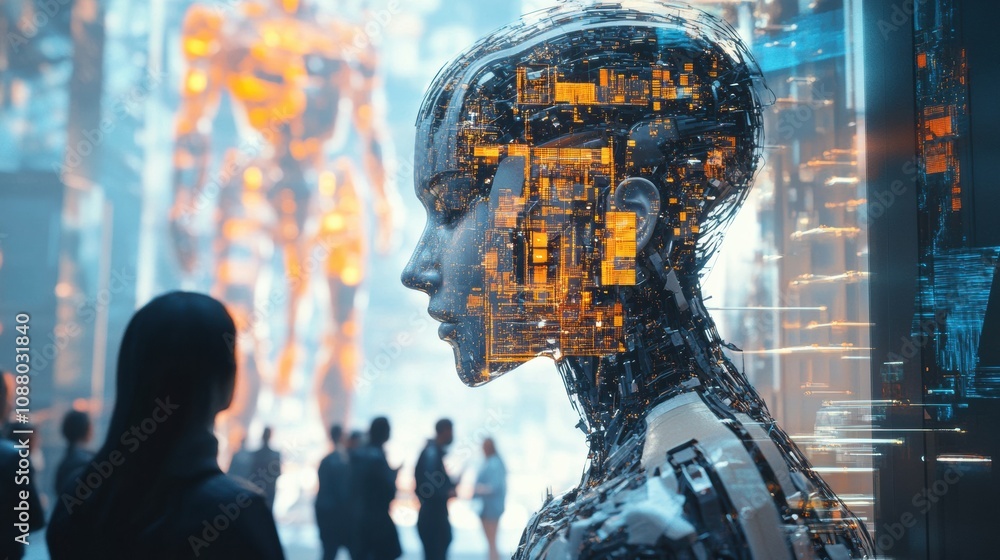 Fototapete various individuals gather around an advanced abstract ai system, exploring its features and discuss