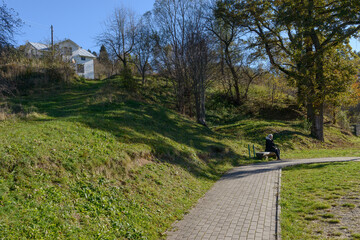 View along sidewalk near source #21 in Skhidnytsia, Ukraine.