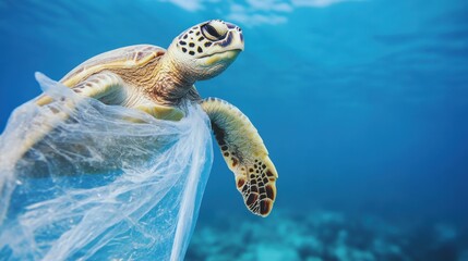 Fototapeta premium A sea turtle entangled in a plastic bag underwater, highlighting the environmental issue of ocean pollution and marine life.