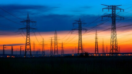A field of power lines with a beautiful sunset in the background. The sky is a mix of orange and purple hues, creating a serene and peaceful atmosphere. The power lines are tall