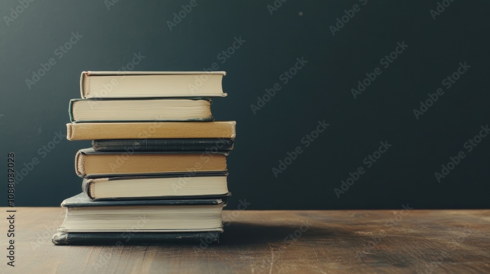 Poster a collection of books stacked neatly on a table creates a warm ambiance perfect for reading or study