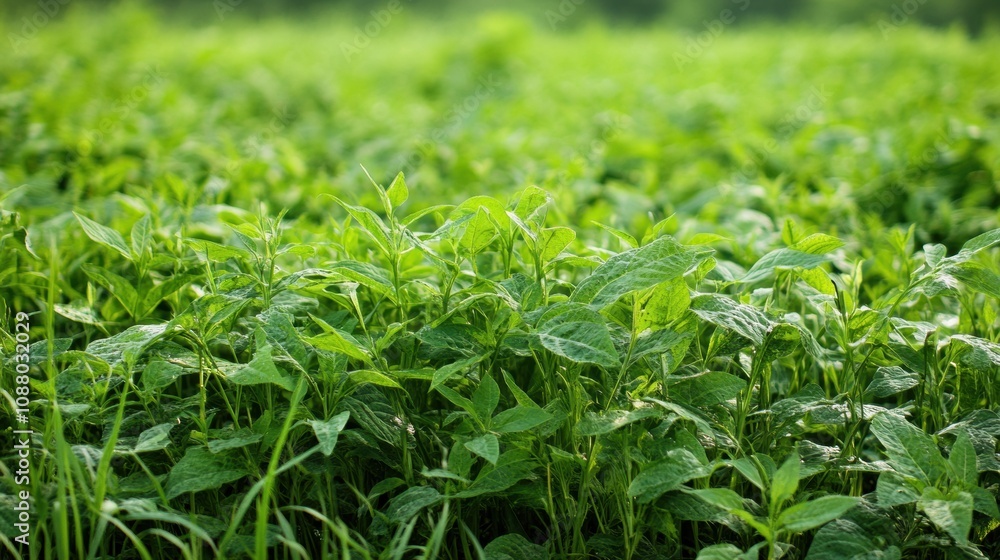 Poster a serene meadow showcases an abundance of tall grasses and thriving soybean plants flourishing in a 