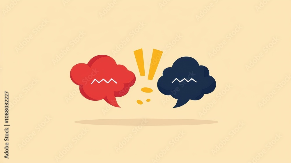 Poster colorful speech bubbles with exclamation marks representing disagreement or conflict, showcasing eff