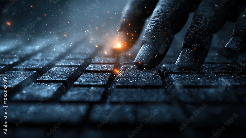 Poster mystical hand touching futuristic keyboard with glowing elements in dark environment creating a sens