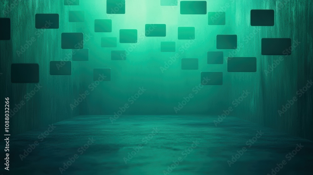 Poster abstract digital background with floating rectangle shapes in green and teal colors, evoking technol