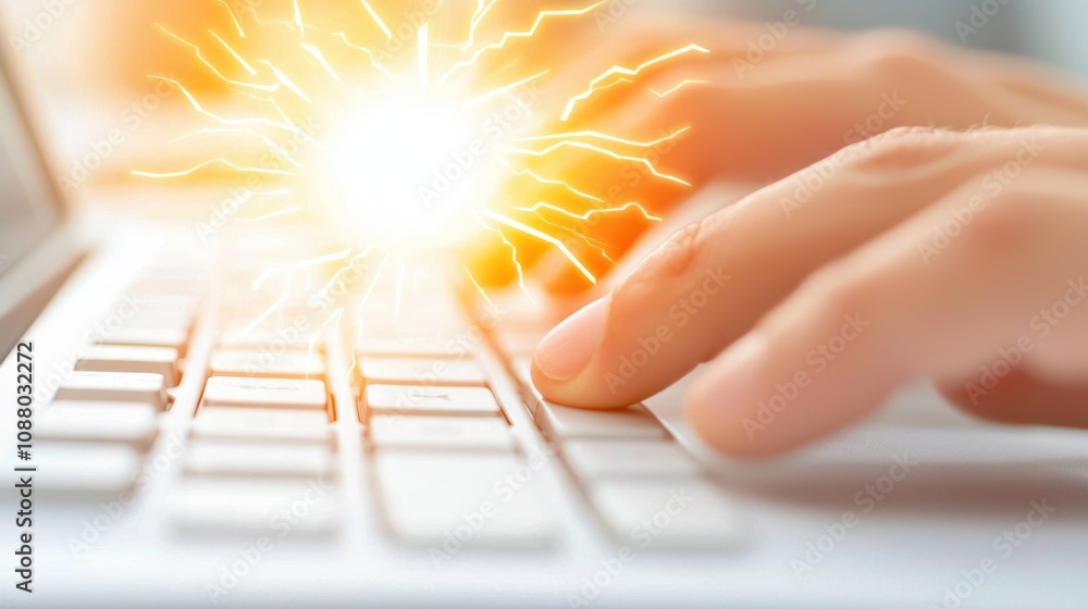 Poster close-up of a hand typing on a laptop keyboard with a burst of glowing energy representing creativit
