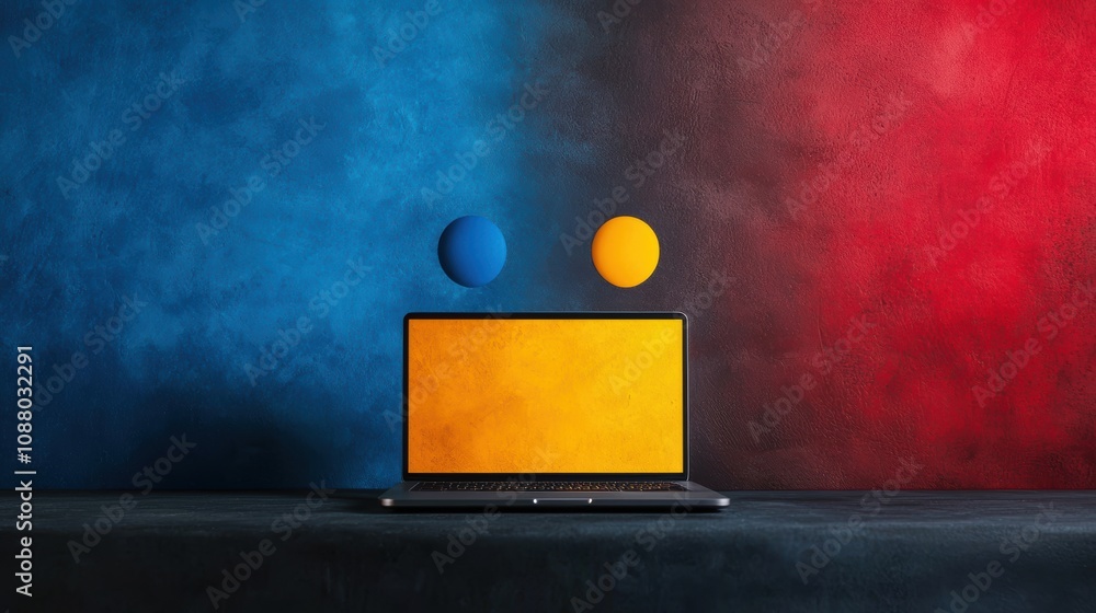 Poster modern laptop with colorful circular elements on a vibrant background in blue, red, and yellow, crea