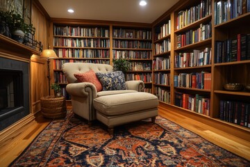cozy reading nook, a comfy reading corner complete with a soft armchair and tall bookshelves full of colorful books offers a peaceful hideaway