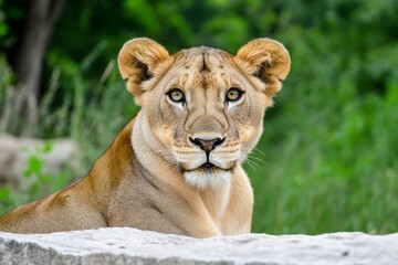 A close-up of a lioness resting on a rocky outcrop, her piercing gaze surveying the savanna