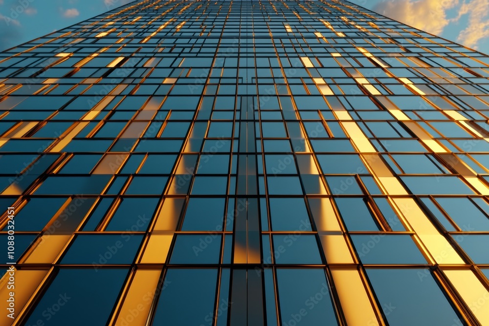 Poster A close-up of modern abstract architecture with sharp geometric patterns and metallic textures, captured under golden hour lighting