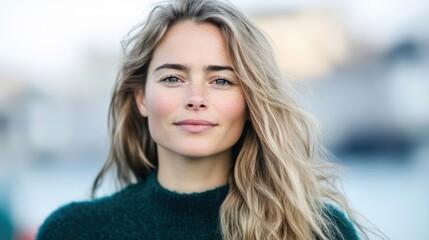 Fototapeta premium The young woman with long blonde hair stands outdoors looking serious as she is surrounded by a tranquil environment in daylight