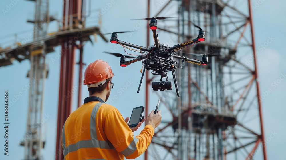 Poster a construction worker using a drone to inspect a tall structure.
