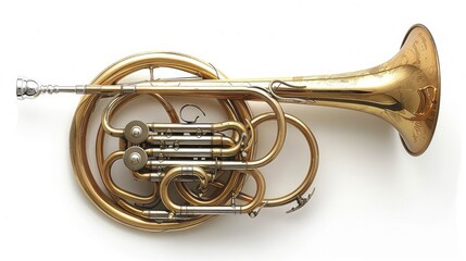 Obraz premium A gleaming antique French horn, brass valves, and a wide bell rest on a white background.