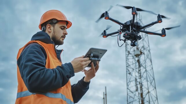 A construction worker in an orange vest and hard hat uses a tablet to control a drone flying over a cell tower.