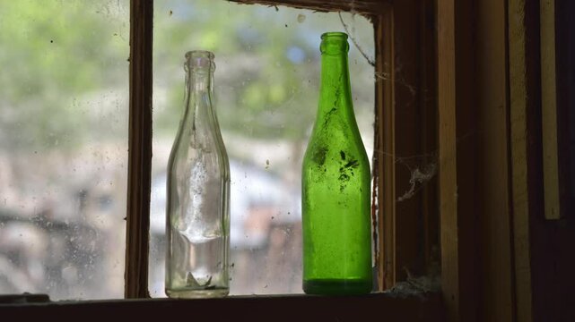 Old bottles in a window, Jerome, Arizona, USA