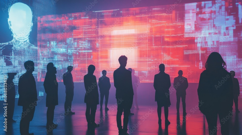 Fototapete A diverse group of people stands in silhouette while exploring an abstract AI system, illuminated by colorful digital projections. Generative AI