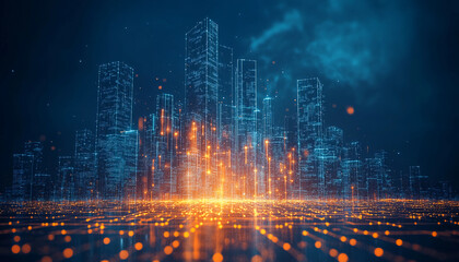 A cityscape with a bright orange glow surrounding it