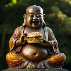 Happy fat buddha eating a delicious burger.