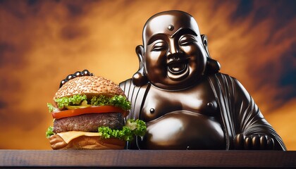 Chubby happy Buddha holding a tasty burger.