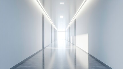 A sterile, minimalist office corridor with pristine white walls and even lighting, leading to a bright window at the end.