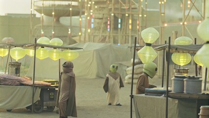 Alien bazaar at night: futuristic market scene with unique lights and costumed figures
