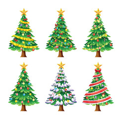 Set of decorated Christmas trees with ornaments, garlands, and stars on top. Vector cartoon illustration