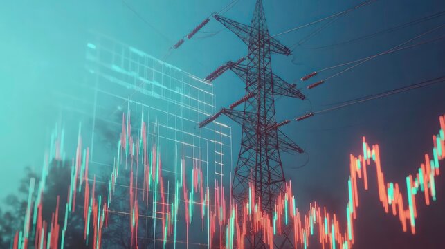 A power tower and power lines with a city skyline in the background with graphs of energy prices overlayed.
