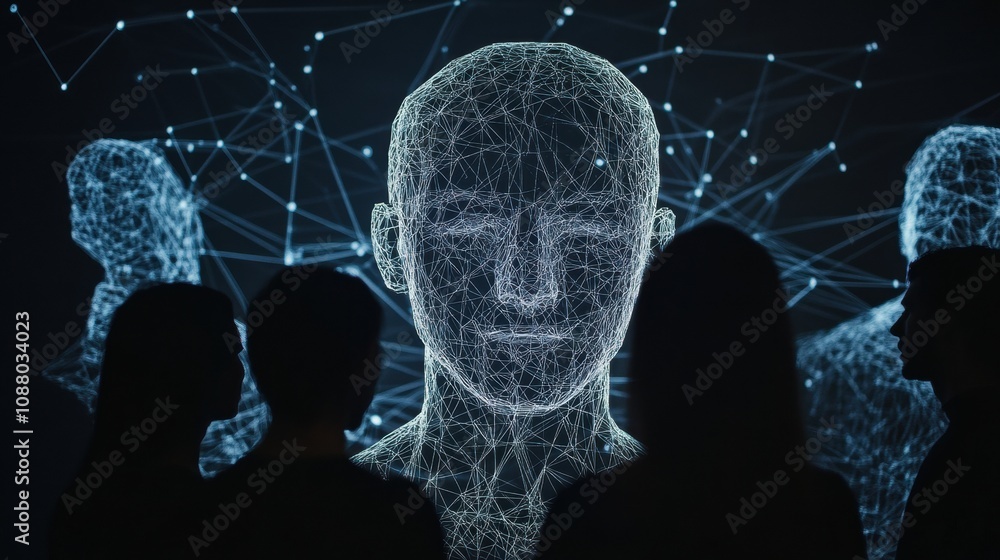 Poster people engage with an abstract ai system, highlighting the intersection of technology and human inte