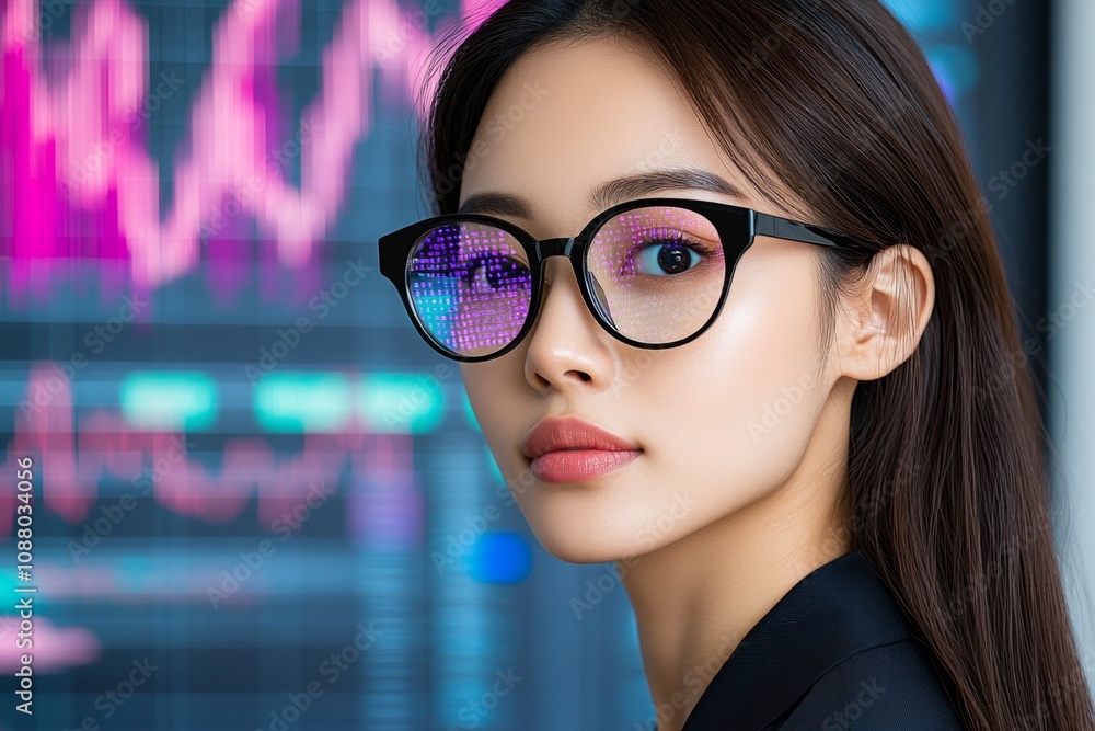 Poster A hyper-realistic image of an adult student focusing intently on a screen, with reflections of graphs and data in their glasses