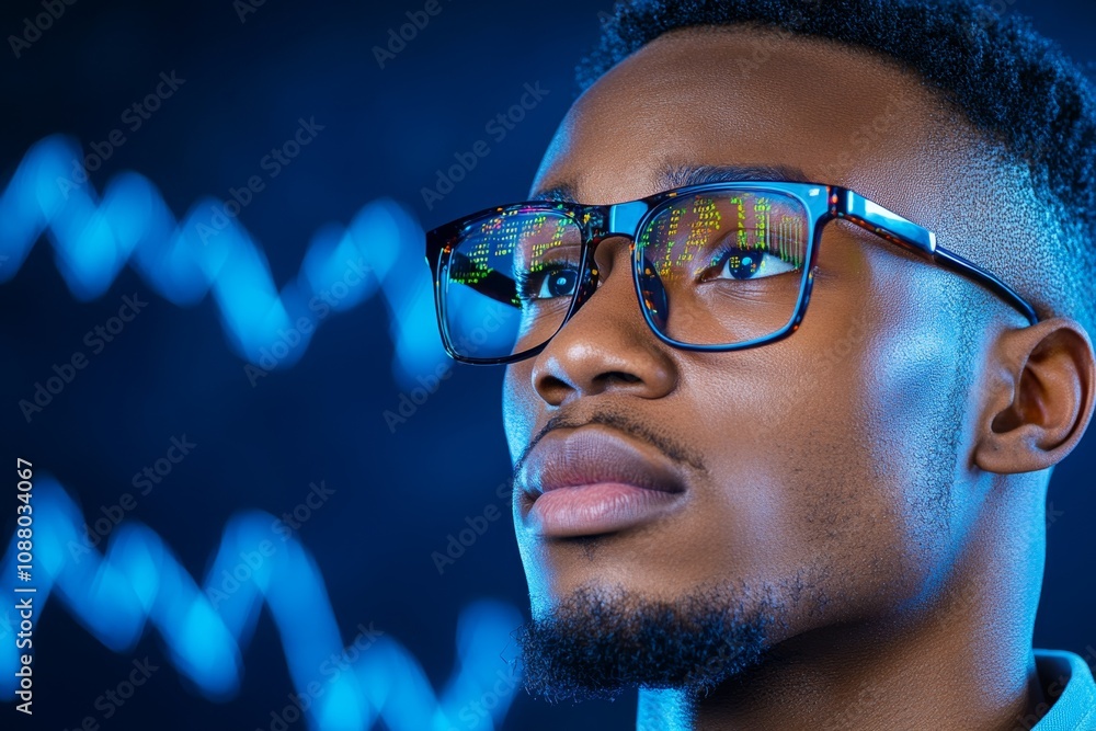 Poster A hyper-realistic image of an adult student focusing intently on a screen, with reflections of graphs and data in their glasses