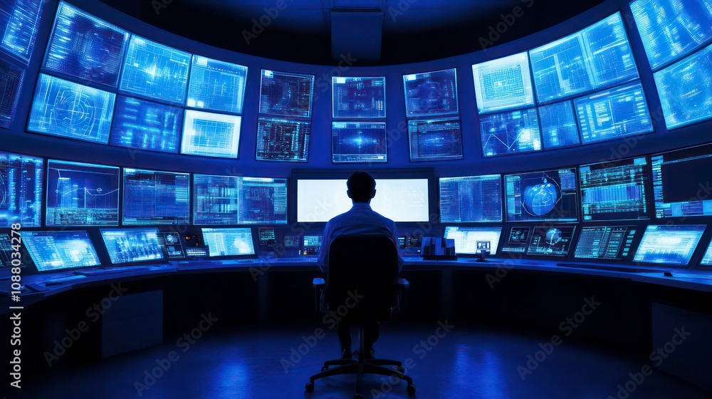 Poster a man sits in front of a large wall of computer monitors in a control room, with blue lighting and v