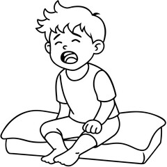 boy yawns and wants to sleep sitting on bed