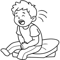 boy yawns and wants to sleep sitting on bed