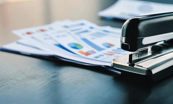 A silver stapler is fastening a thick stack of financial papers on a desk