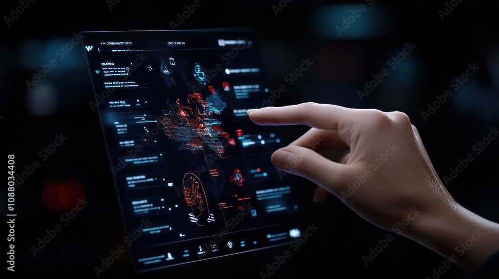 Poster a hand interacting with a futuristic digital interface displaying data.