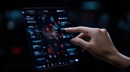A hand interacting with a futuristic digital interface displaying data.
