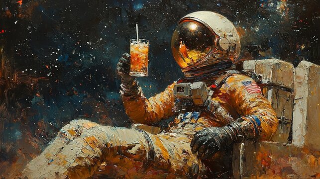 Oil painting of an astronaut drinking a cocktail