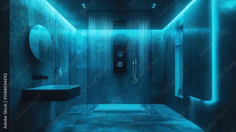 Fototapete The sleek bathroom showcases a smart shower setup with a touch panel for adjusting temperature and an innovative design with ambient light. Generative AI