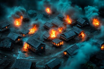 A mysterious aerial perspective of an old city with dimly lit streets and eerie architectural details