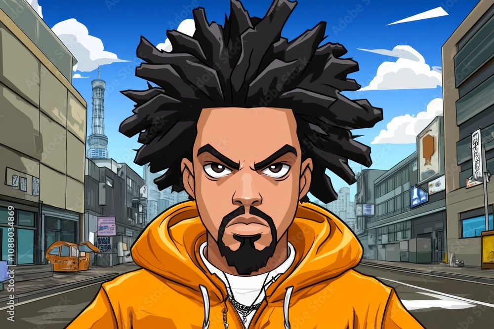 Poster a pixel art character with an afro hairstyle, set in a retro game environment with vibrant and nosta